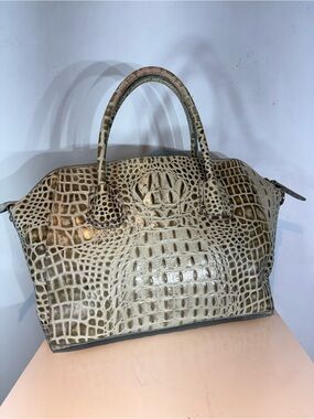 Danier Genuine Leather Croc Embossed Satchel Handbag Beige Taupe Large